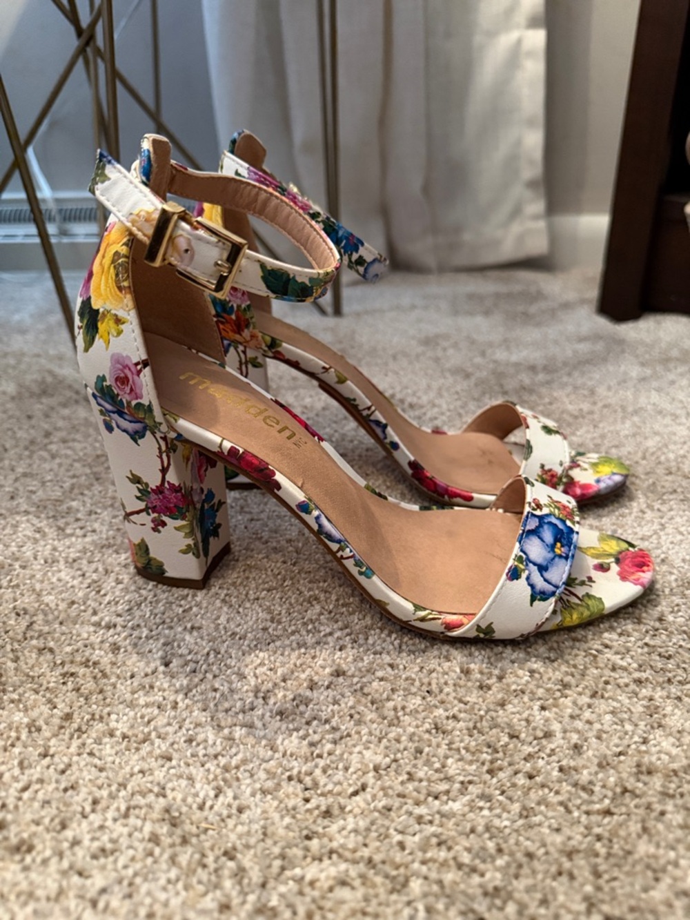 Madden NYC Floral Ankle-Strap Block Heel Sandals - White Multicolor